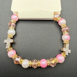 Pink Ombre Beaded Bracelet Gold Tone Rhinestone Cross‎ Charms Stretch Religious